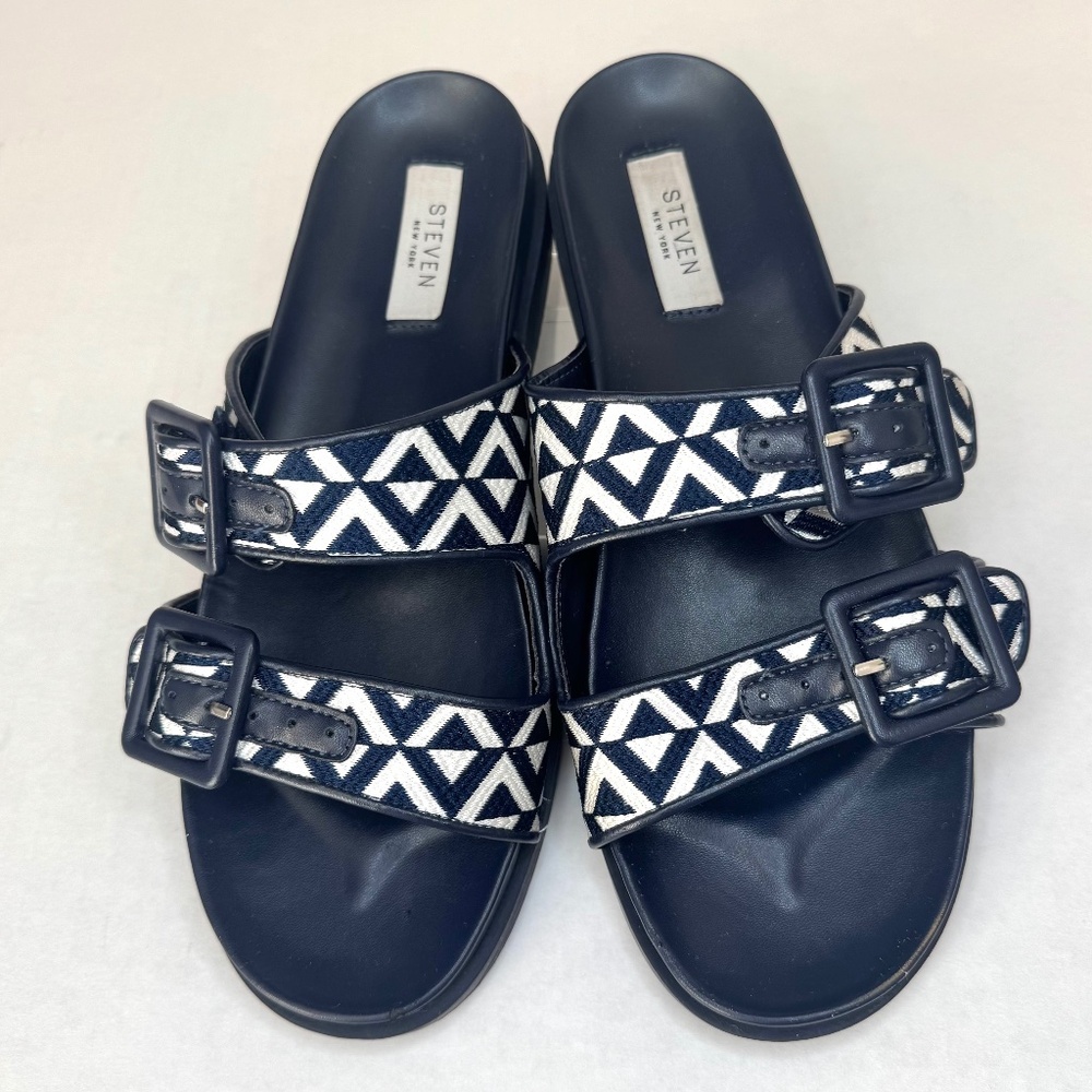 Steven New York/Steve Madden Navy Blue Micah Platform Slides Summer Sandal Sz 9M